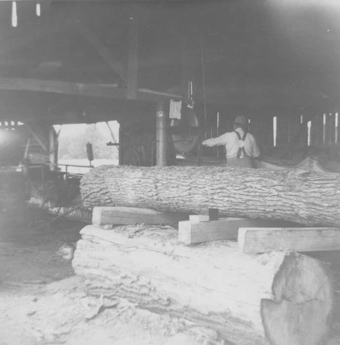log mill, Morris, Lola, Labor and Occupations, history of Iowa, sawmill, Iowa, Iowa History, Barns, Cedar Falls, IA, log, lumber, suspenders
