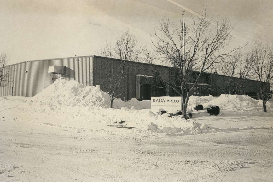 history of Iowa, aluminum, Iowa, Iowa History, Businesses and Factories, siding, tree, cutlery, snow, american flag, manufacturing, Waverly, IA, Waverly Public Library, Winter