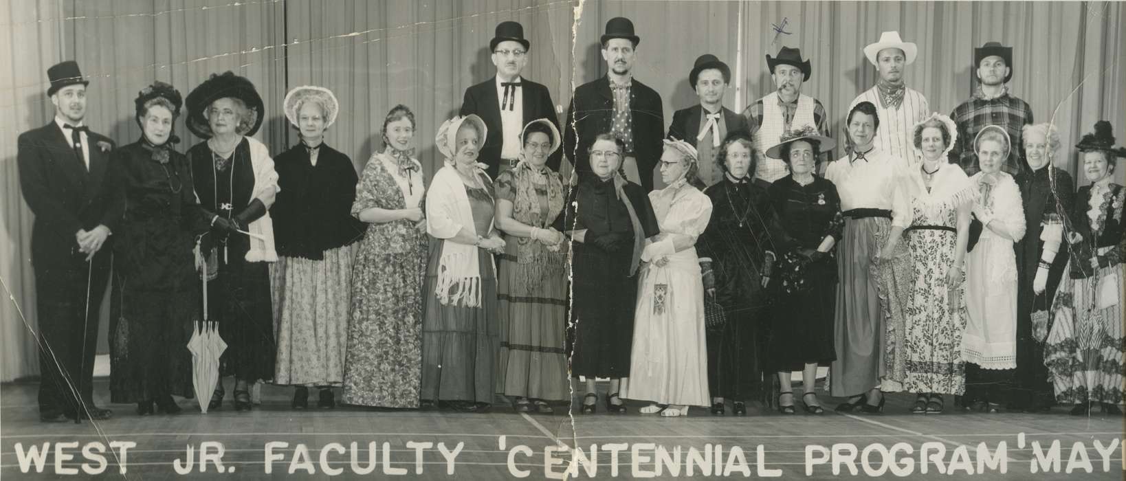 Iowa, Schools and Education, Portraits - Group, stage, play, cowboy hat, umbrella, Entertainment, Iowa History, history of Iowa, performance, Rossiter, Lynn, Sioux City, IA