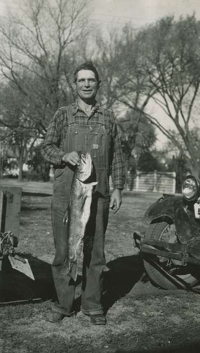 McMurray, Doug, fishing, Animals, Portraits - Individual, Iowa History, walleye, Iowa, overalls, history of Iowa, Webster City, IA, fish
