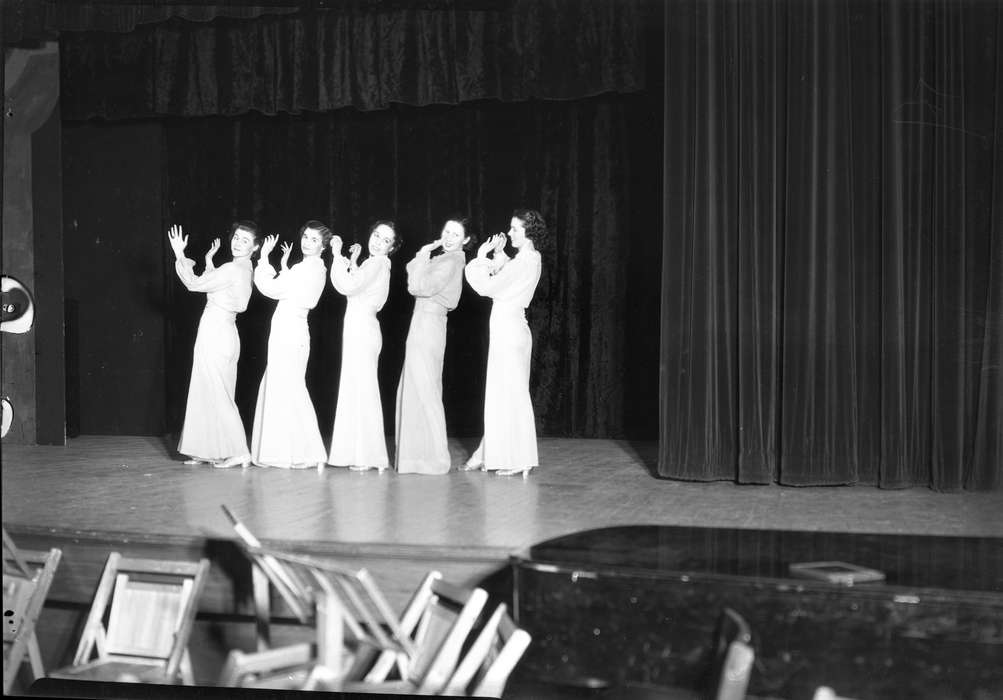 history of Iowa, Schools and Education, UNI Special Collections & University Archives, piano, chair, Cedar Falls, IA, theater, Iowa History, stage, iowa state teachers college, uni, curtain, Iowa, university of northern iowa, theatre, dress, pit, clap