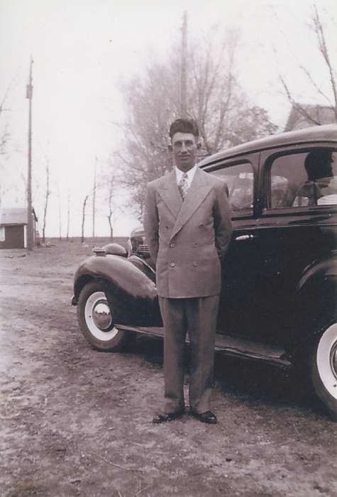 car, Sioux Center, IA, Portraits - Individual, Zubrod, Kevin and Deanna, Iowa History, Iowa, suit, Motorized Vehicles, history of Iowa