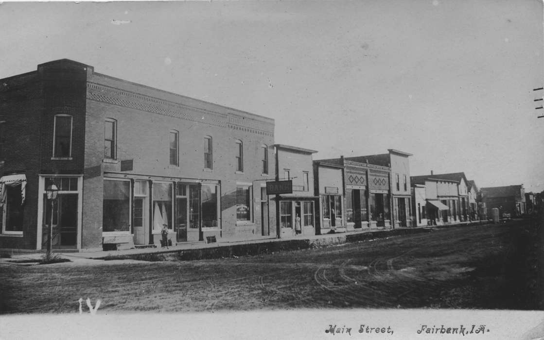 dirt street, Main Streets & Town Squares, Cities and Towns, street, lamppost, storefront, history of Iowa, Fairbank, IA, Iowa History, King, Tom and Kay, Iowa