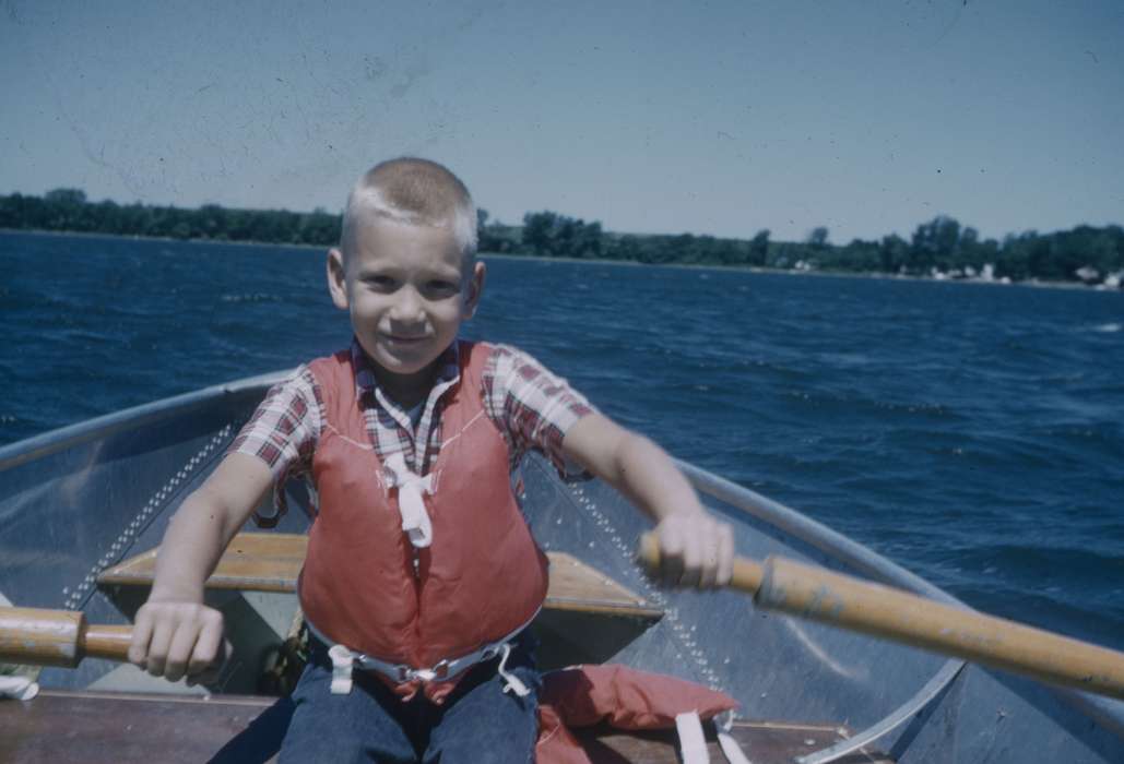 Children, boat, oars, Iowa History, life jacket, Outdoor Recreation, Portraits - Individual, Iowa, Satre, Margaret, IA, history of Iowa