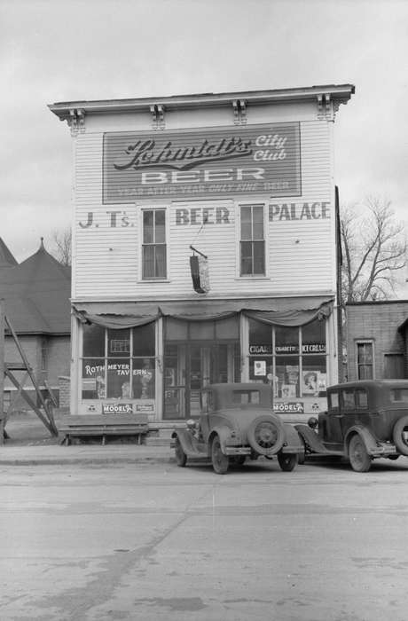 bench, tavern, cars, history of Iowa, Businesses and Factories, poster, schmidt, Library of Congress, car, Iowa History, sign, wooden building, Motorized Vehicles, bar, Iowa, storefront, Cities and Towns