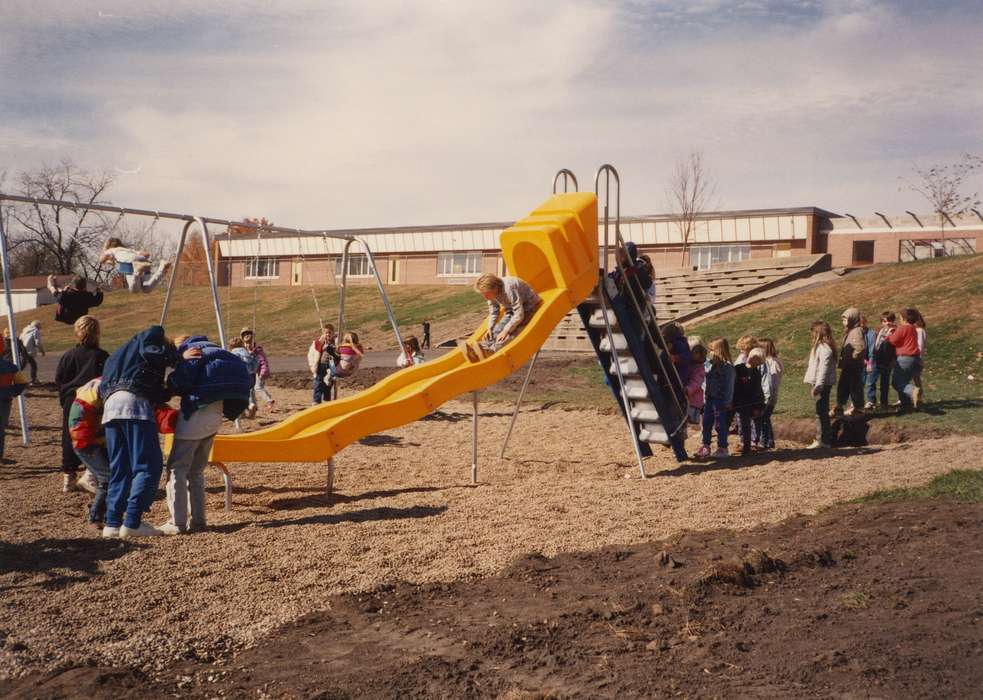Waverly Public Library, Iowa, Iowa History, Schools and Education, Shell Rock, IA, playing, playground, slide, Outdoor Recreation, history of Iowa, Children, swing set