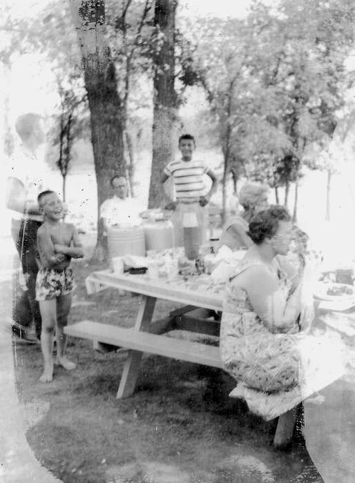 laughter, bathing suit, IA, picnic table, swimsuit, historic, Families, Campopiano Von Klimo, Melinda, Leisure, Iowa, United States, company picnic, Food and Meals, Photos, boy, history, ia, picnic, Des Moines