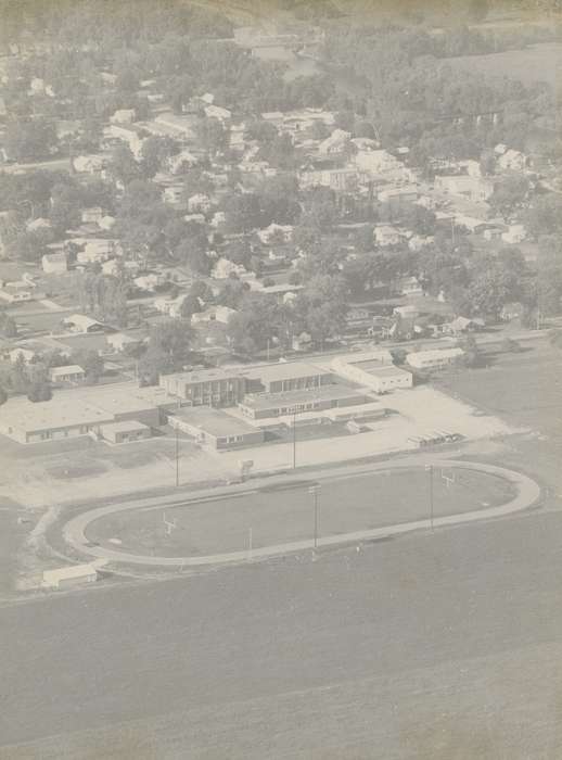 football field, building, school, correct date needed, Iowa History, Janesville, IA, tree, Iowa, Waverly Public Library, Aerial Shots, history of Iowa