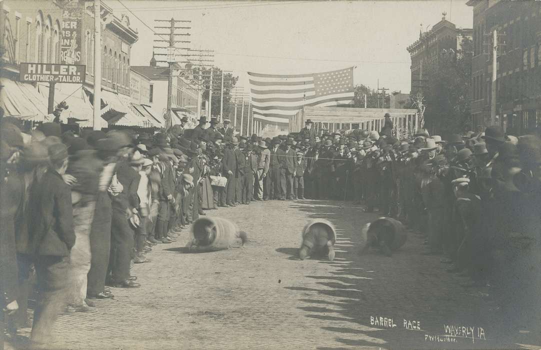 Fairs and Festivals, telephone line, Iowa History, celebration, crowd, gathering, Iowa, race, history of Iowa, Main Streets & Town Squares, american flag, Meyer, Mary, silly, barrel, racing, Cities and Towns