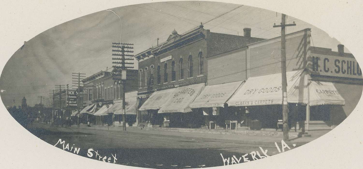 buildings, Meyer, Mary, telephone line, Iowa History, awning, Iowa, history of Iowa, Cities and Towns, storefront, Businesses and Factories, Main Streets & Town Squares