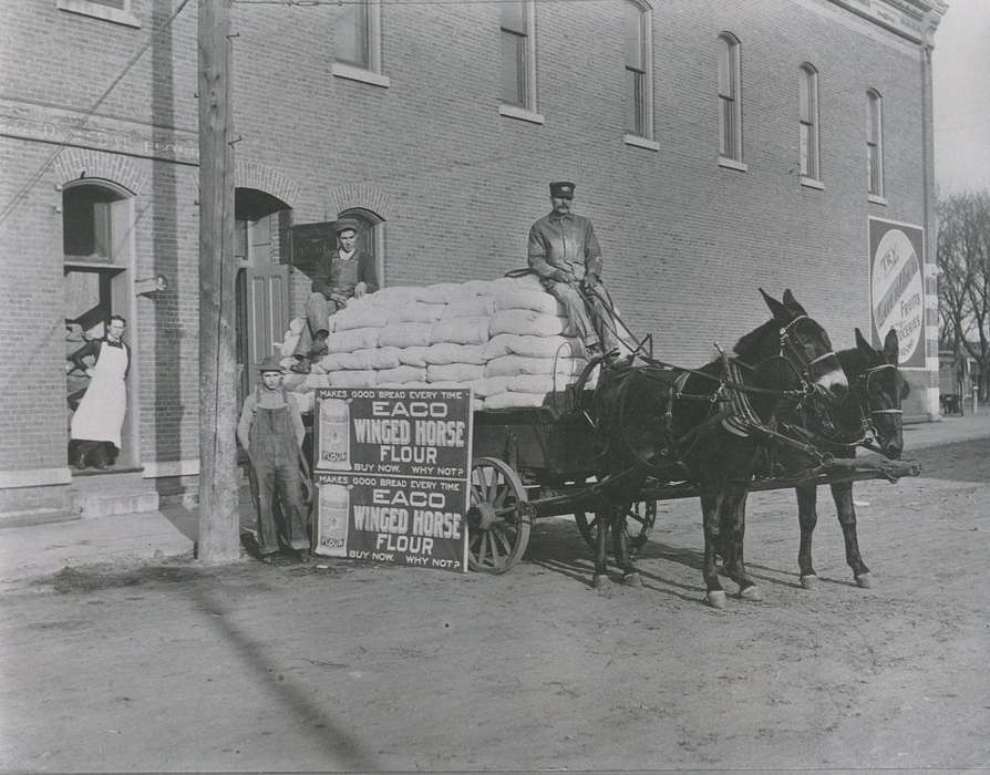Labor and Occupations, delivery service, overalls, baking, baked goods, Portraits - Group, yoke, wagon, flour, advertisement, history of Iowa, men, Businesses and Factories, delivery, Iowa History, driver, marketing, Iowa, winged horse, Lake City, IA, horse, Animals, Detmering, Linda