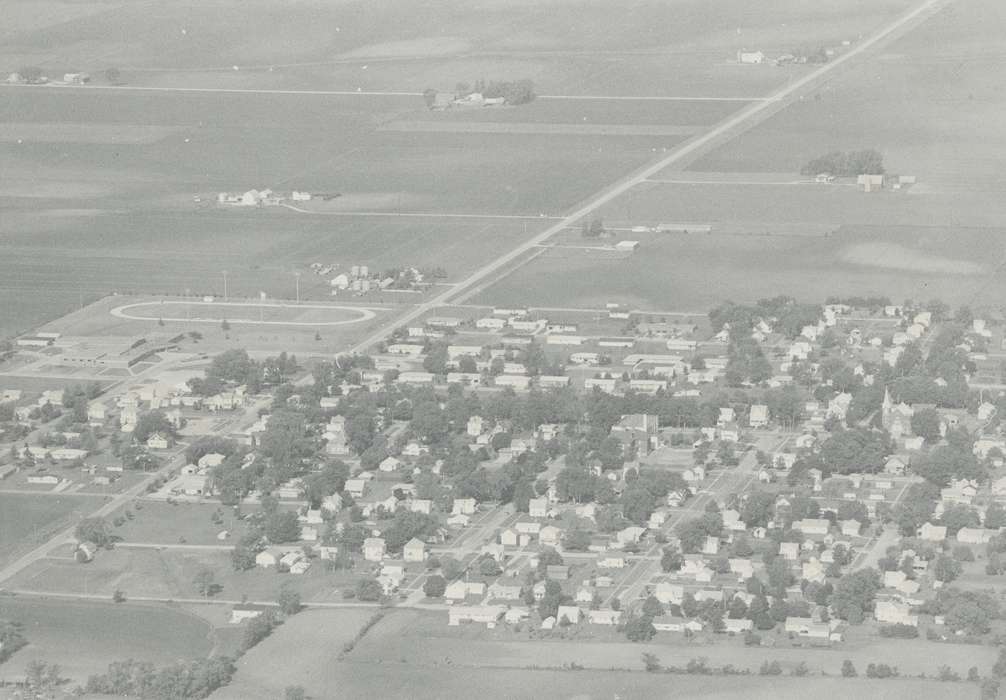 building, road, Tripoli, IA, correct date needed, Iowa History, field, tree, Iowa, Waverly Public Library, Aerial Shots, history of Iowa