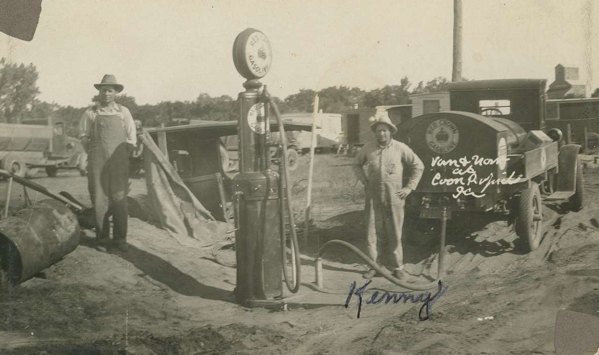 grain elevator, overalls, hat, correct date needed, Businesses and Factories, Cities and Towns, gas pump, Coon Rapids Enterprise, Portraits - Group, Main Streets & Town Squares, Labor and Occupations, truck