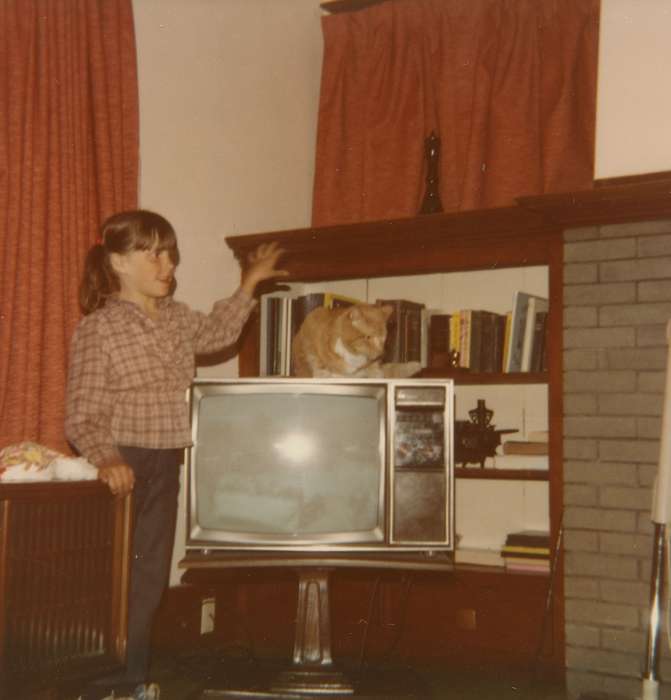 cat, curtain, Iowa, Animals, IA, Homes, book shelf, living room, Iowa History, television, history of Iowa, Scholtec, Emily, Children