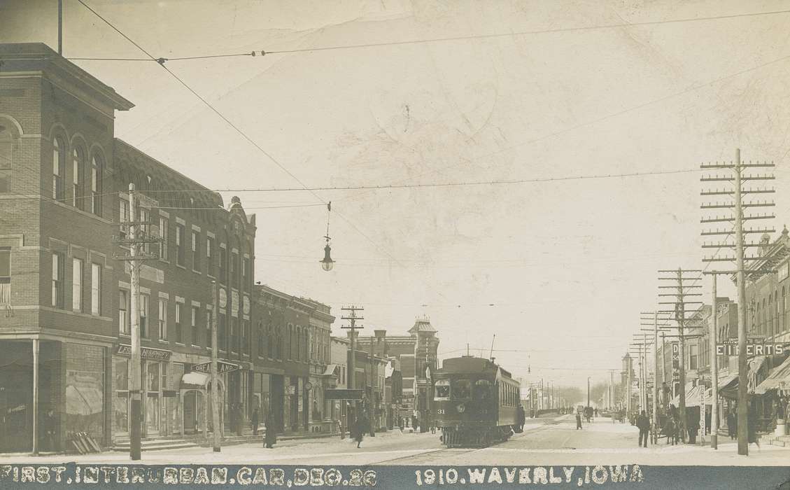 Cities and Towns, main street, Businesses and Factories, business, street car, Waverly Public Library, Iowa History, Waverly, IA, Iowa, history of Iowa, Main Streets & Town Squares