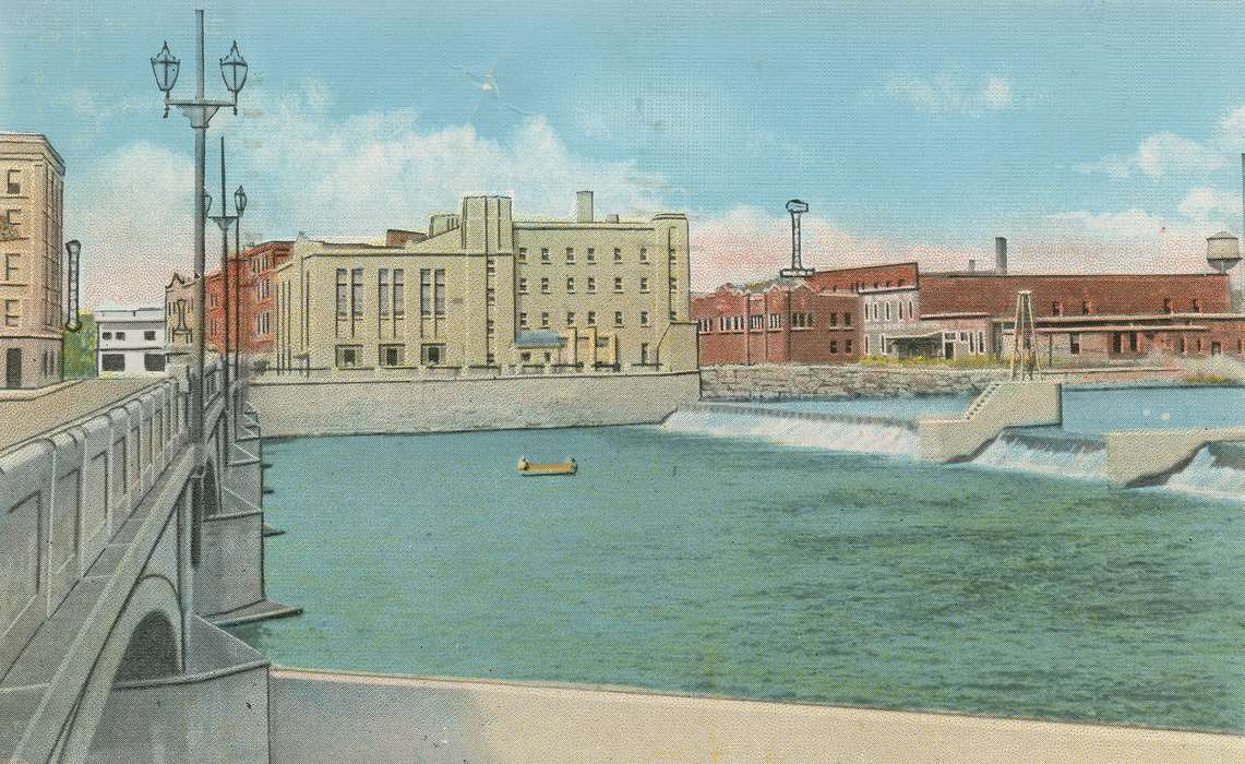ia, IA, history, postcard, bridge, Cities and Towns, Waterloo, historic, Lakes, Rivers, and Streams, Olsson, Ann and Jons, dam, Iowa, Black Hawk, United States, Photos