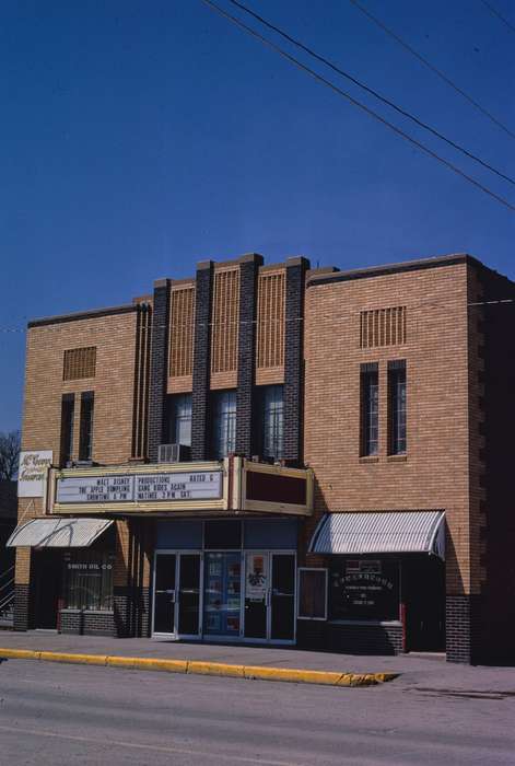 Iowa History, marquee, Businesses and Factories, mainstreet, brick building, awning, movie theater, Cities and Towns, history of Iowa, Main Streets & Town Squares, storefront, Iowa, Library of Congress