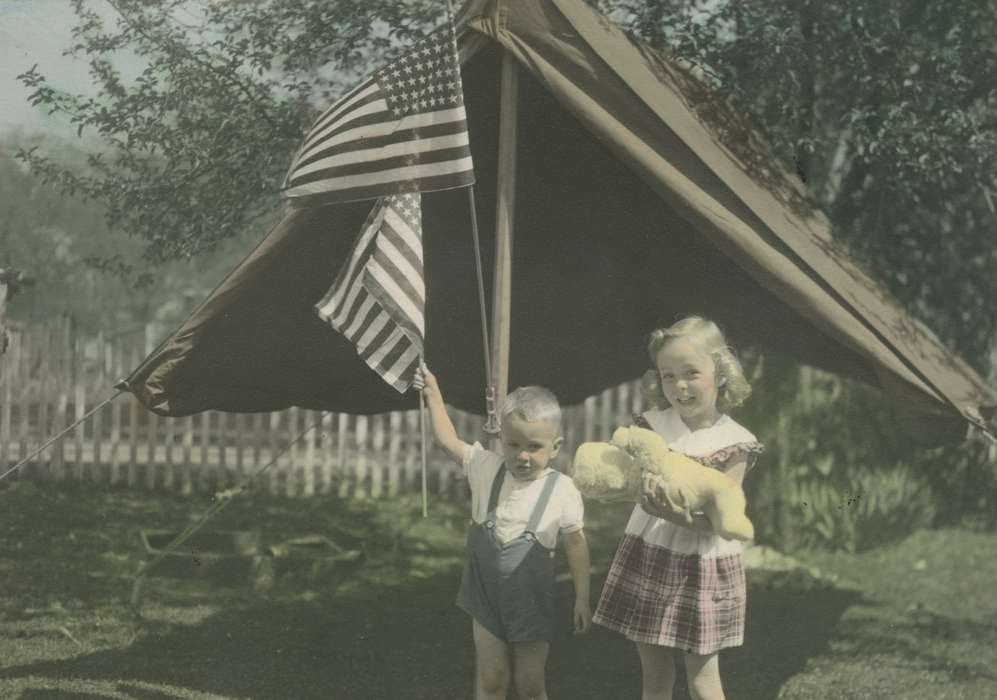 flag, Children, tent, colorized, history of Iowa, McMurray, Doug, birthday, Webster City, IA, Iowa History, Iowa, american flag, Portraits - Individual, Holidays