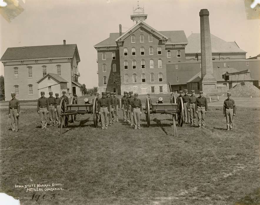 Military and Veterans, Schools and Education, old gilchrist, university of northern iowa, UNI Special Collections & University Archives, uni, iowa state normal school, battalion, canon, military training, Iowa History, Iowa, history of Iowa, central hall