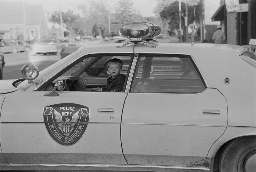Cities and Towns, Iowa, Children, police car, Coon Rapids, United States, historic, history, Coon Rapids Enterprise, Main Streets & Town Squares, Photos, boy, IA, car, ia
