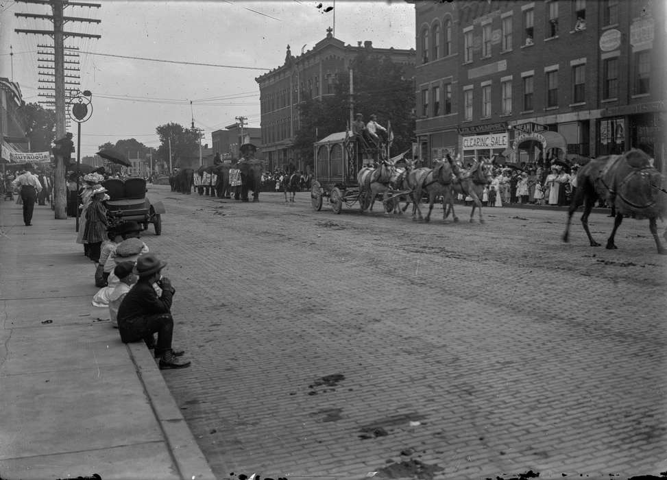 Children, parade, hat, Iowa History, umbrella, Iowa, wagon, Waverly Public Library, Fairs and Festivals, Main Streets & Town Squares, camel, boy, horse, Cities and Towns, history of Iowa, Animals, elephant