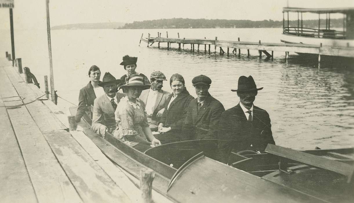 lake, Lakes, Rivers, and Streams, Iowa History, Portraits - Group, boat, Okoboji, IA, Skoog, Herb, Iowa, history of Iowa, dock