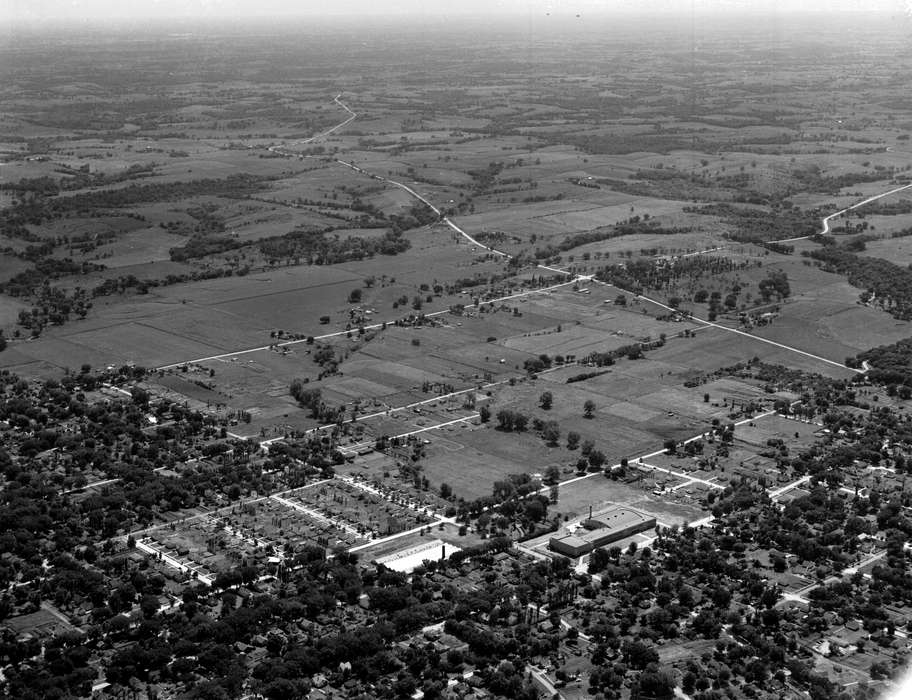 neighborhood, Landscapes, school, Iowa History, Lemberger, LeAnn, field, Cities and Towns, tree, Iowa, Ottumwa, IA, Aerial Shots, history of Iowa