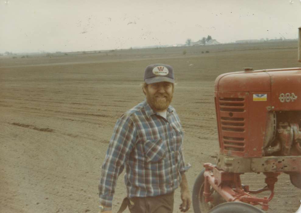 Labor and Occupations, Farming Equipment, Owens, Lois, Portraits - Individual, Iowa, Iowa History, farmer, Wilton, IA, history of Iowa, tractor, Farms