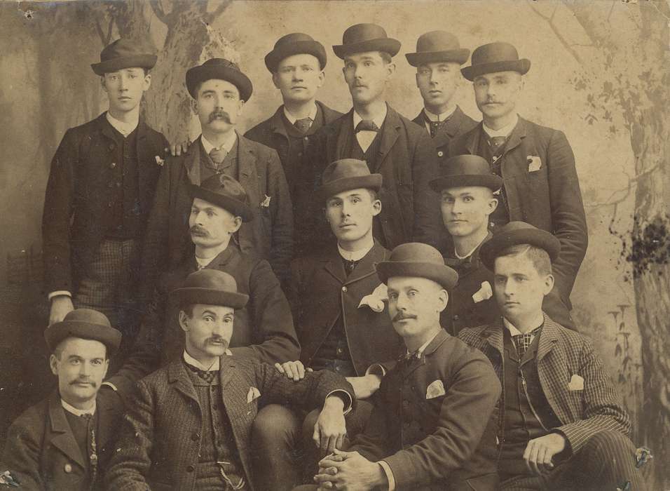 man, necktie, bowler hat, Iowa, correct date needed, suit, Iowa History, Waverly Public Library, Portraits - Group, bow tie, moustache, history of Iowa