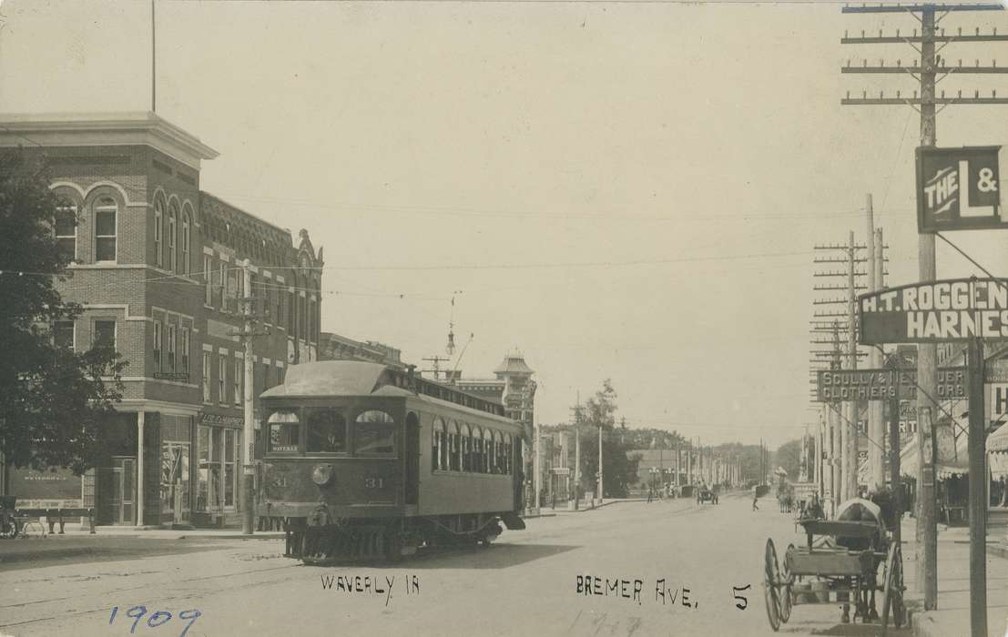 buildings, street, telephone line, Meyer, Mary, Iowa History, sign, tracks, Iowa, horse, history of Iowa, Cities and Towns, trolley, Motorized Vehicles, Businesses and Factories, wagon, windows, carriage, Main Streets & Town Squares