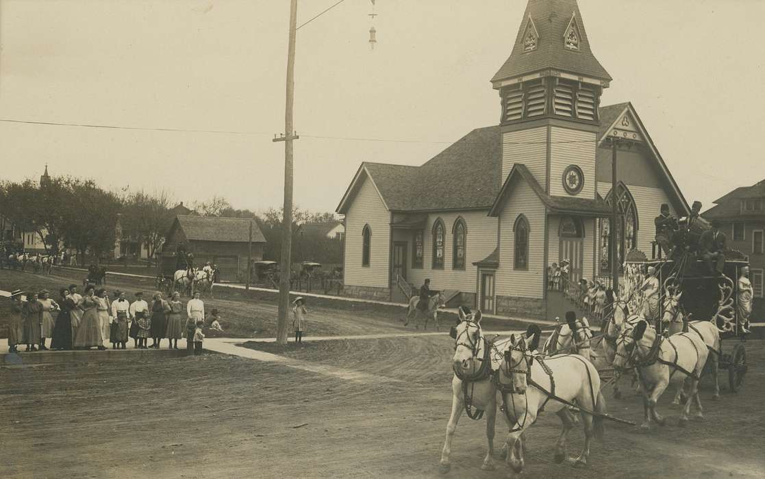 buggy, bell tower, horse, Animals, Homes, correct date needed, Cities and Towns, dress, Entertainment, Children, dirt road, Portraits - Group, Main Streets & Town Squares, Coon Rapids Enterprise, Religious Structures
