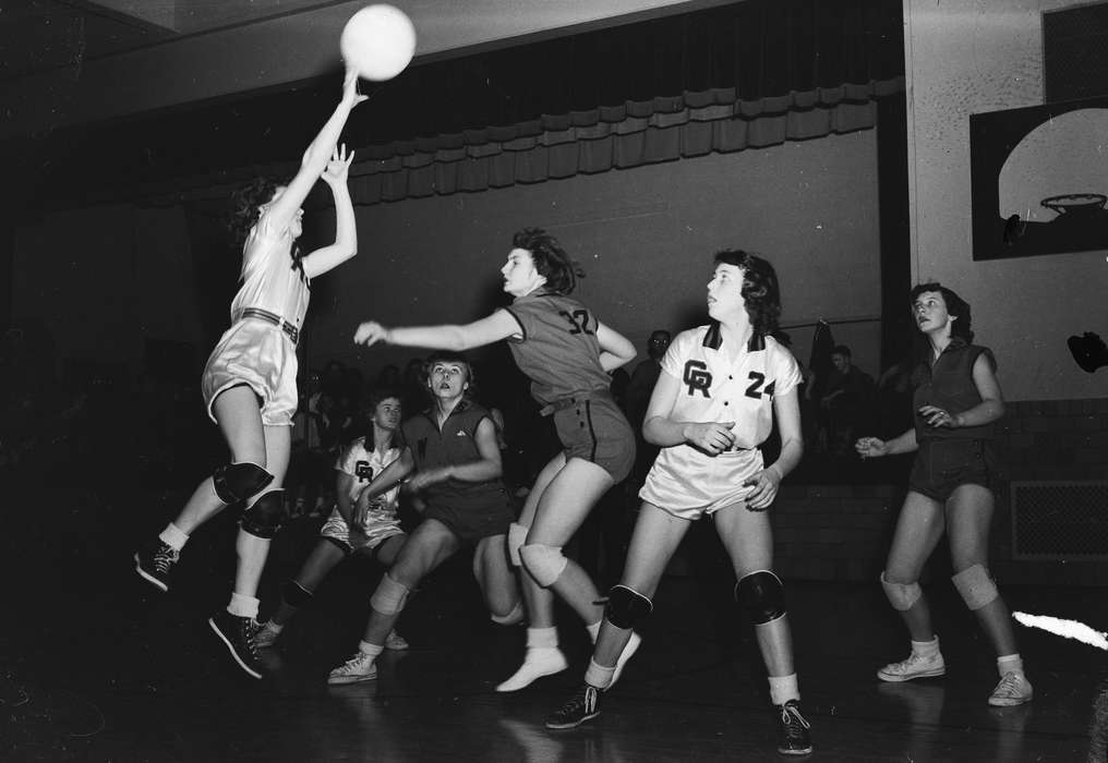 Schools and Education, Sports, United States, history, basketball uniform, ia, Photos, Children, knee pads, Coon Rapids Enterprise, girl's basketball, historic, Iowa, IA, gymnasium, flash, Coon Rapids