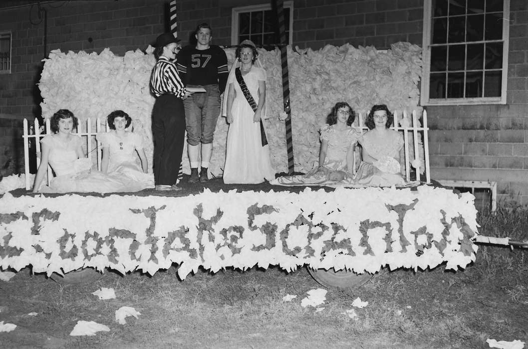 Portraits - Group, football player, Iowa, IA, United States, Photos, Schools and Education, historic, costume, Coon Rapids, history, homecoming, ia, Coon Rapids Enterprise, stage, homecoming court