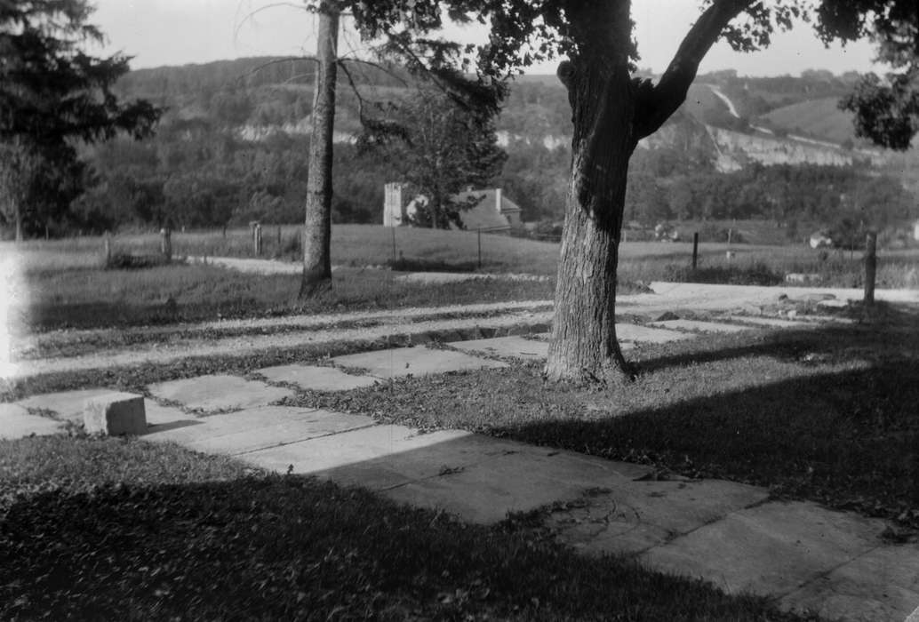 sidewalk, fence, tree, Stone City, IA, Lemberger, LeAnn, hill, history of Iowa, church, Iowa History, Cities and Towns, Religious Structures, stone city art colony, Iowa
