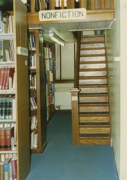 books, bookshelf, staircase, Waverly Public Library, Iowa History, Iowa, Leisure, history of Iowa
