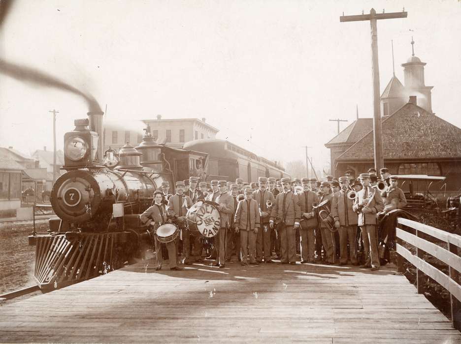 history of Iowa, train, uni, Schools and Education, Iowa, Military and Veterans, locomotive, iowa state normal school, university of northern iowa, Iowa History, battalion, Cities and Towns, UNI Special Collections & University Archives, band, military training, Train Stations, drum