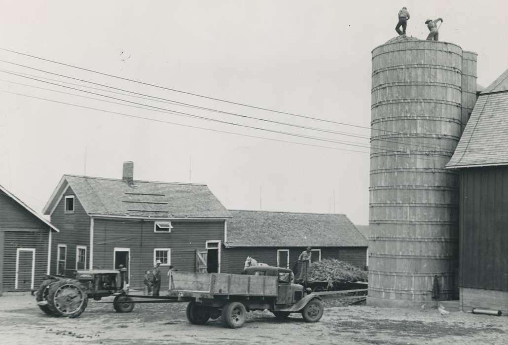 Farms, tractor, Waverly, IA, Waverly Public Library, Barns, Iowa History, correct date needed, silage, Labor and Occupations, silo, farmer, history of Iowa, truck, Motorized Vehicles, Farming Equipment, Iowa