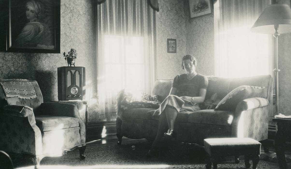 sitting, living room, Waverly Public Library, radio, woman, Iowa History, sofa, history of Iowa, correct date needed, sitting room, armchair, Portraits - Individual, Iowa
