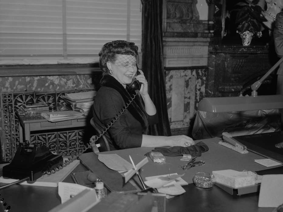 secretary, Lemberger, LeAnn, stapler, cigarette, Labor and Occupations, phone, Civic Engagement, Iowa, Iowa History, Des Moines, IA, veil, history of Iowa, office