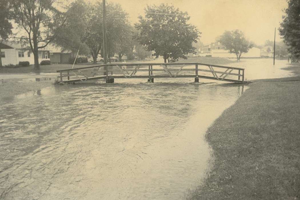 Cities and Towns, Landscapes, Homes, Waverly Public Library, Floods, foot bridge, Iowa History, Waverly, IA, Lakes, Rivers, and Streams, flood aftermath, Iowa, history of Iowa, Main Streets & Town Squares, park