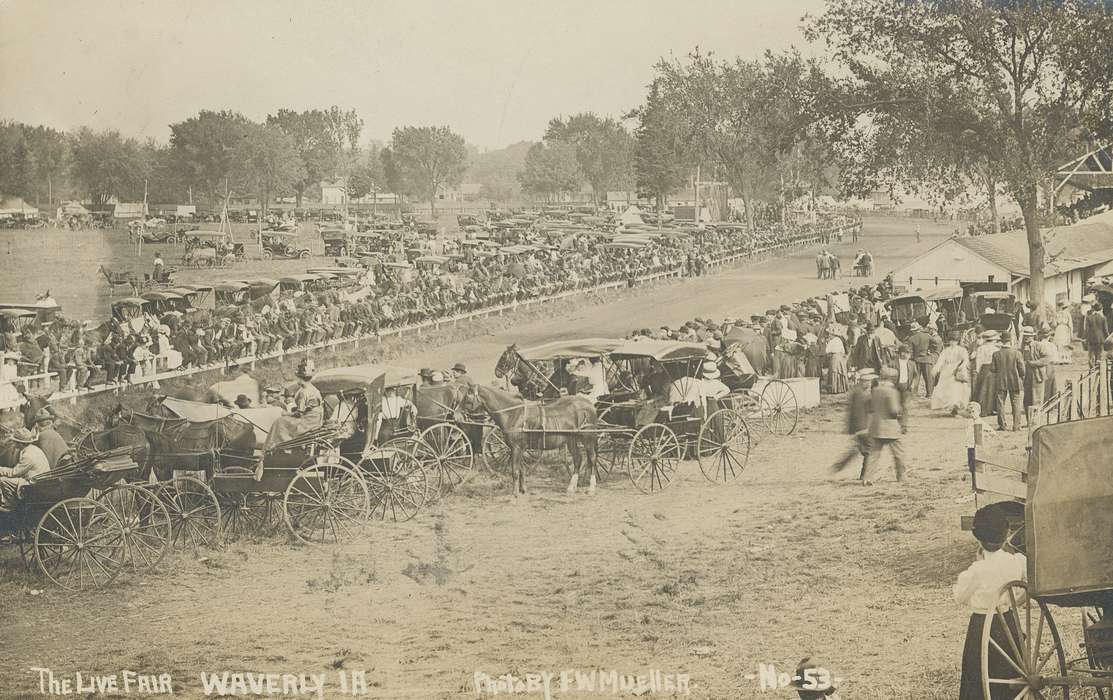 Fairs and Festivals, Iowa History, hat, gathering, covered, race, horse, Animals, Meyer, Mary, wagon, audience, crowd, Iowa, history of Iowa, horses, carriage, hats, Cities and Towns, event