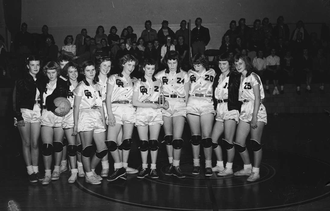 Portraits - Group, Schools and Education, history, Photos, Children, girl's basketball, smiles, Iowa, IA, Sports, United States, basketball uniform, ia, trophy, Coon Rapids Enterprise, historic, gymnasium, flash, Coon Rapids