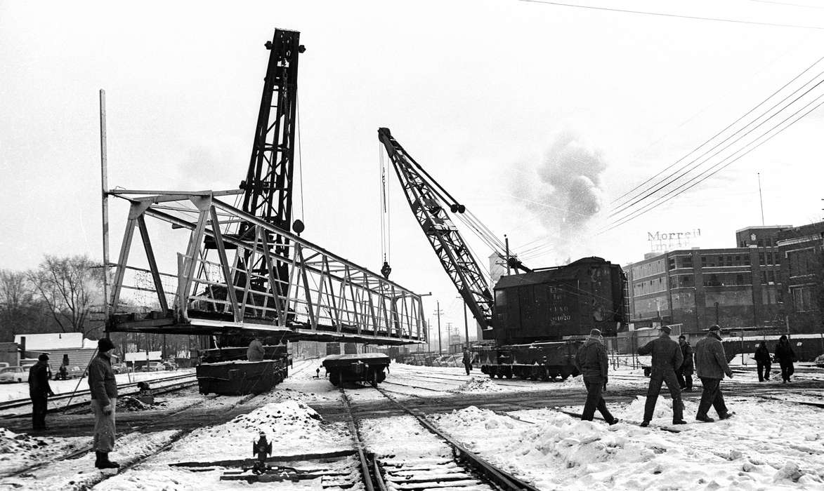 Motorized Vehicles, snow, Ottumwa, IA, history of Iowa, Lemberger, LeAnn, meat packing plant, Iowa, Iowa History, Labor and Occupations, bridge, Cities and Towns, railroad, construction