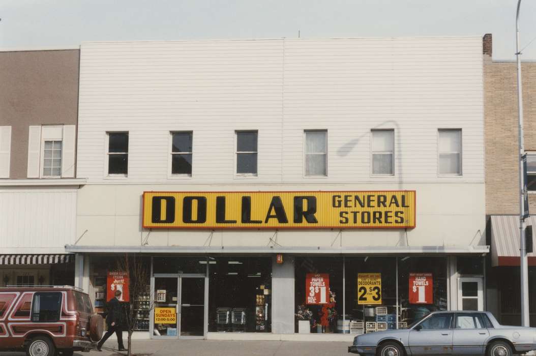 dollar general, Motorized Vehicles, Main Streets & Town Squares, storefront, Iowa History, mainstreet, Waverly Public Library, Cities and Towns, Iowa, Businesses and Factories, history of Iowa