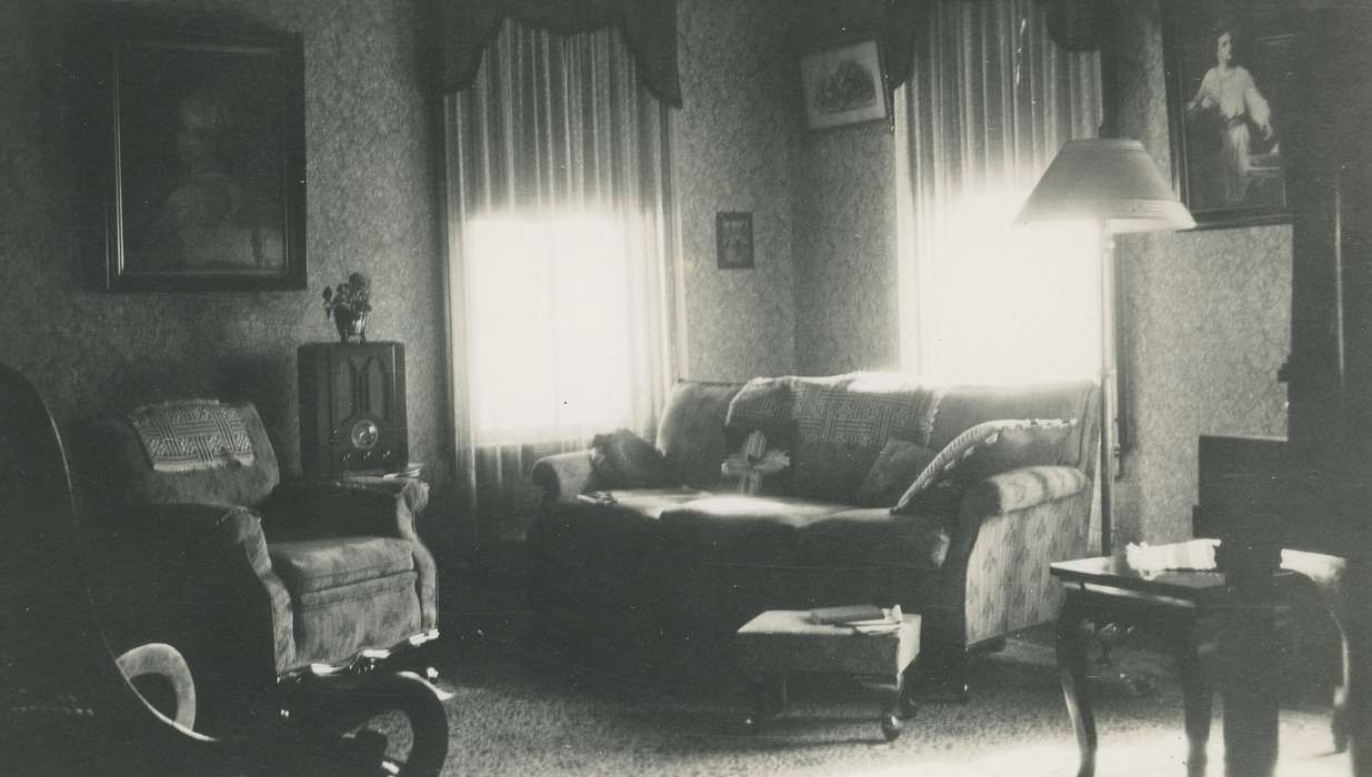 living room, Waverly Public Library, sitting room, radio, history of Iowa, Homes, Iowa, Iowa History, sofa, correct date needed, armchair