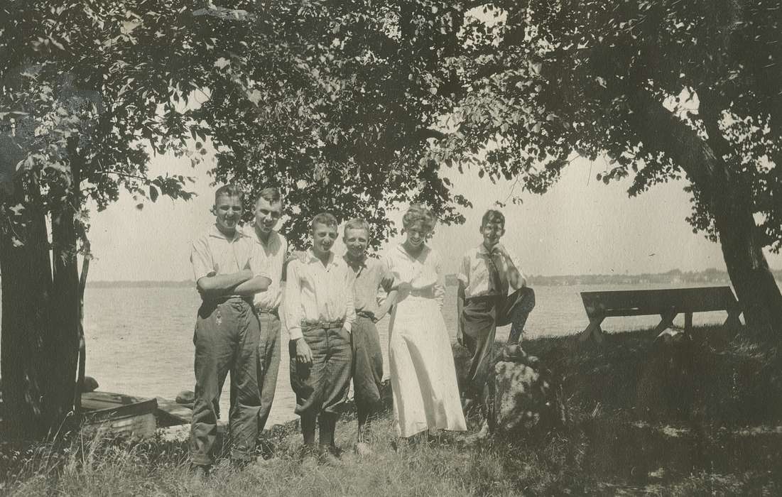 McMurray, Doug, Clear Lake, IA, Children, Outdoor Recreation, Iowa History, Portraits - Group, Lakes, Rivers, and Streams, Iowa, bench, history of Iowa, lake, boy scout