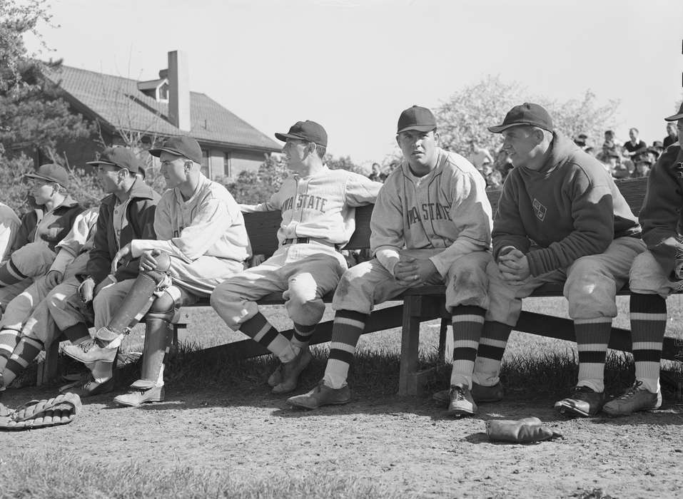 Library of Congress, Iowa History, bench, Schools and Education, young men, baseball, baseball team, history of Iowa, uniform, Iowa, Sports