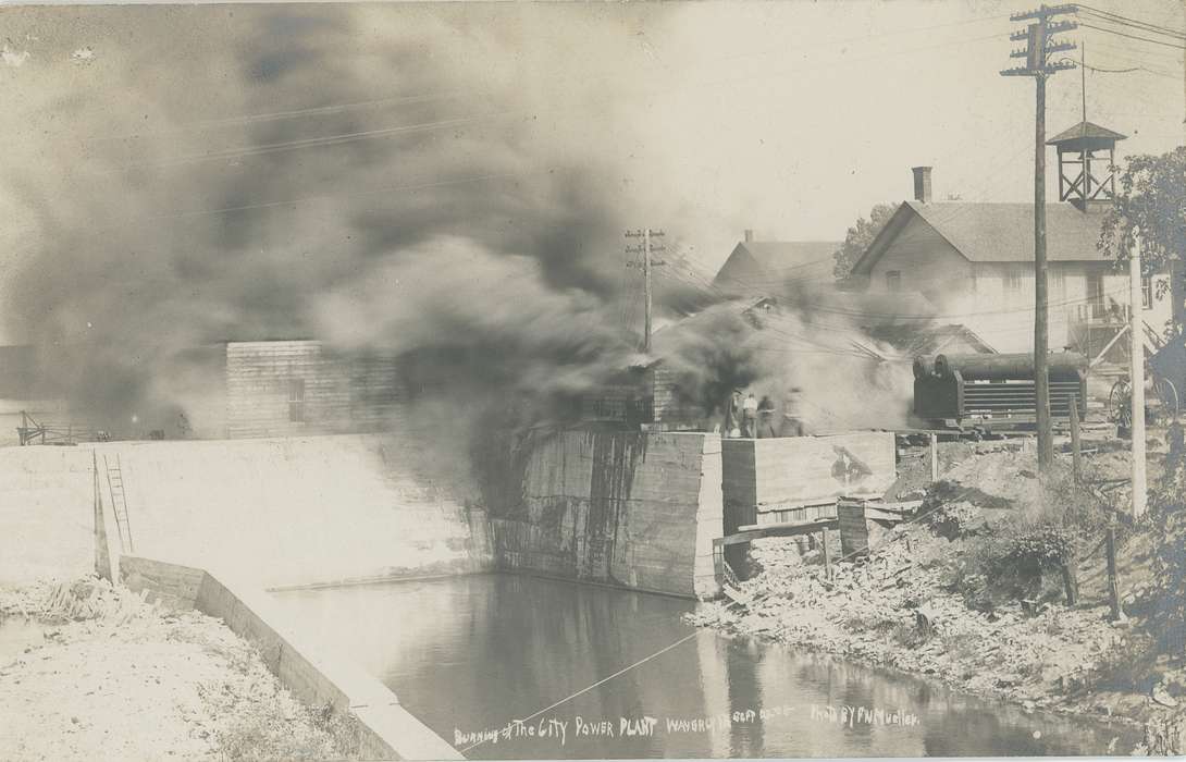 Iowa, Cities and Towns, telephone line, Businesses and Factories, fire, smoke, power plant, Iowa History, history of Iowa, Meyer, Mary, dam