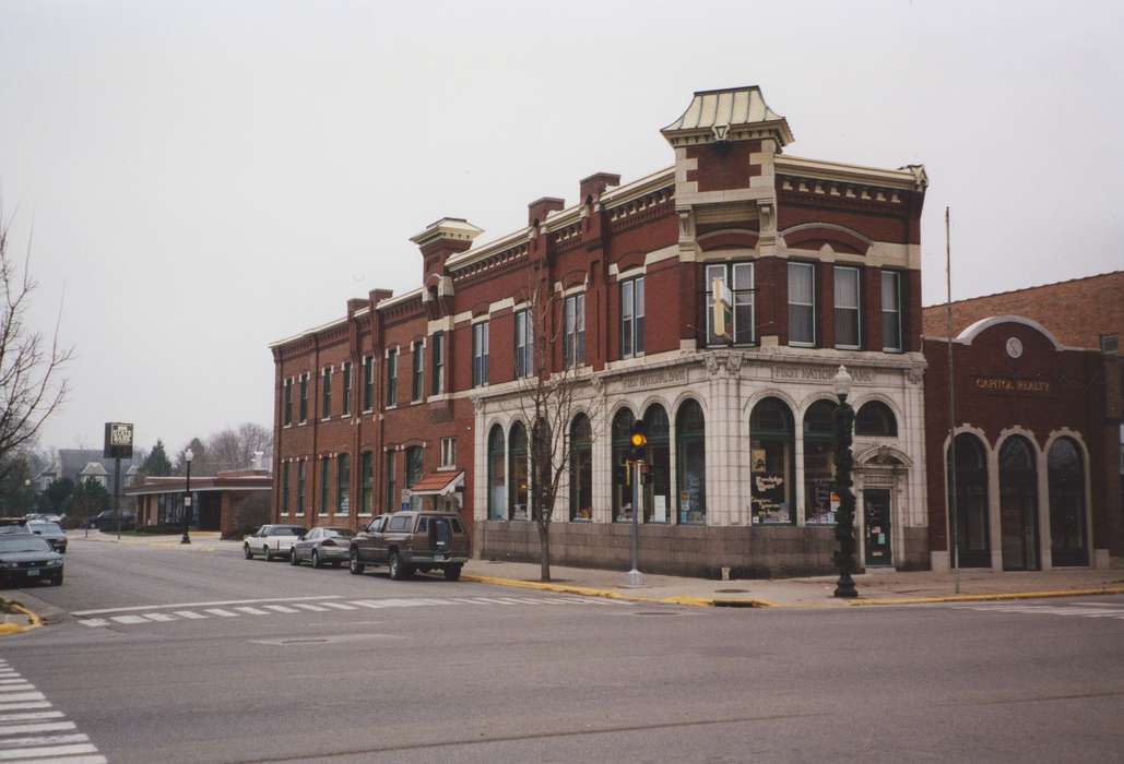 history of Iowa, Cities and Towns, storefront, street corner, Businesses and Factories, Waverly Public Library, Iowa History, Iowa, mainstreet, Motorized Vehicles, Main Streets & Town Squares