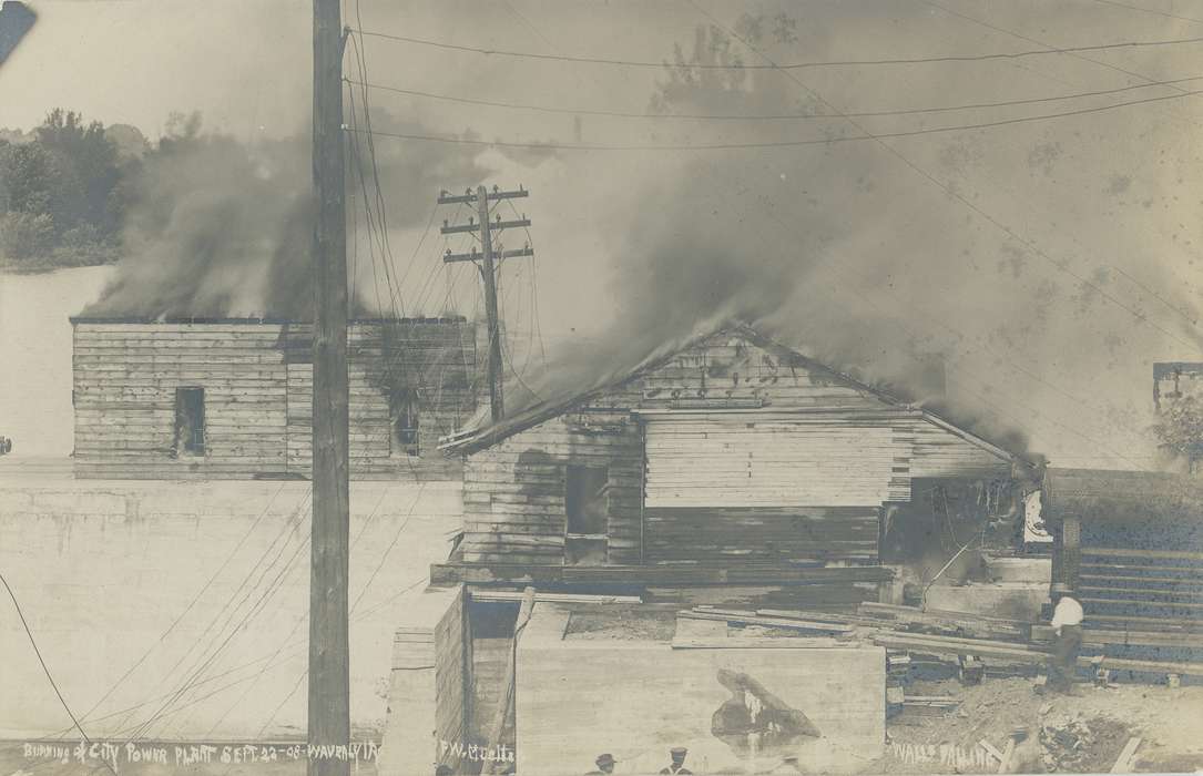 Iowa, buildings, Cities and Towns, telephone line, Businesses and Factories, fire, building, power plant, Iowa History, burning, history of Iowa, Meyer, Mary